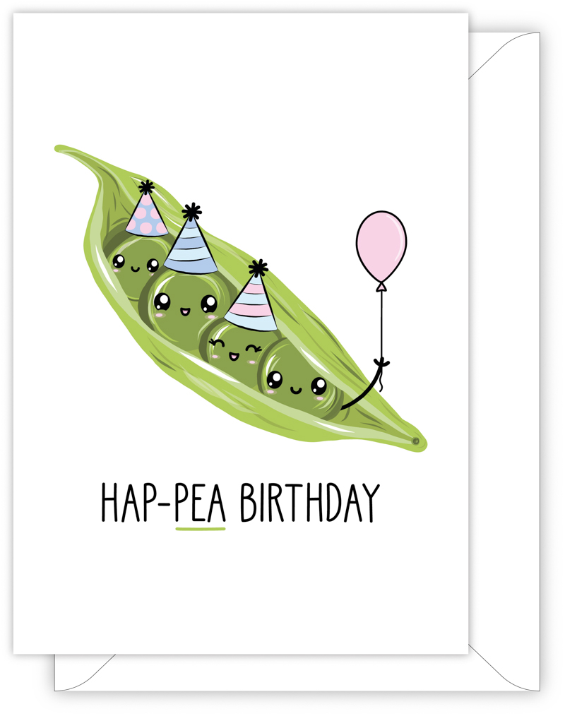 A funny birthday card with a hand drawn image of a pod of peas, some are wearing a party hat while one pea is holding a pink baloon. The card caption is: Hap-Pea Birthday